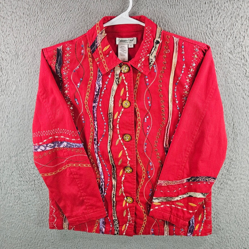 Coldwater Creek Red Embellished Jacket XS Cotton Sequin Applique‎ Boho Art